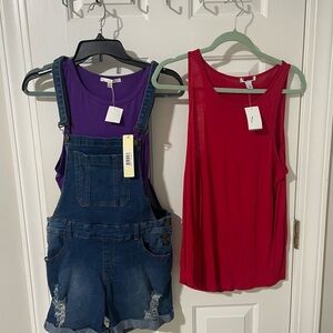 Denim Overalls with Purple and Red Tops large nwt